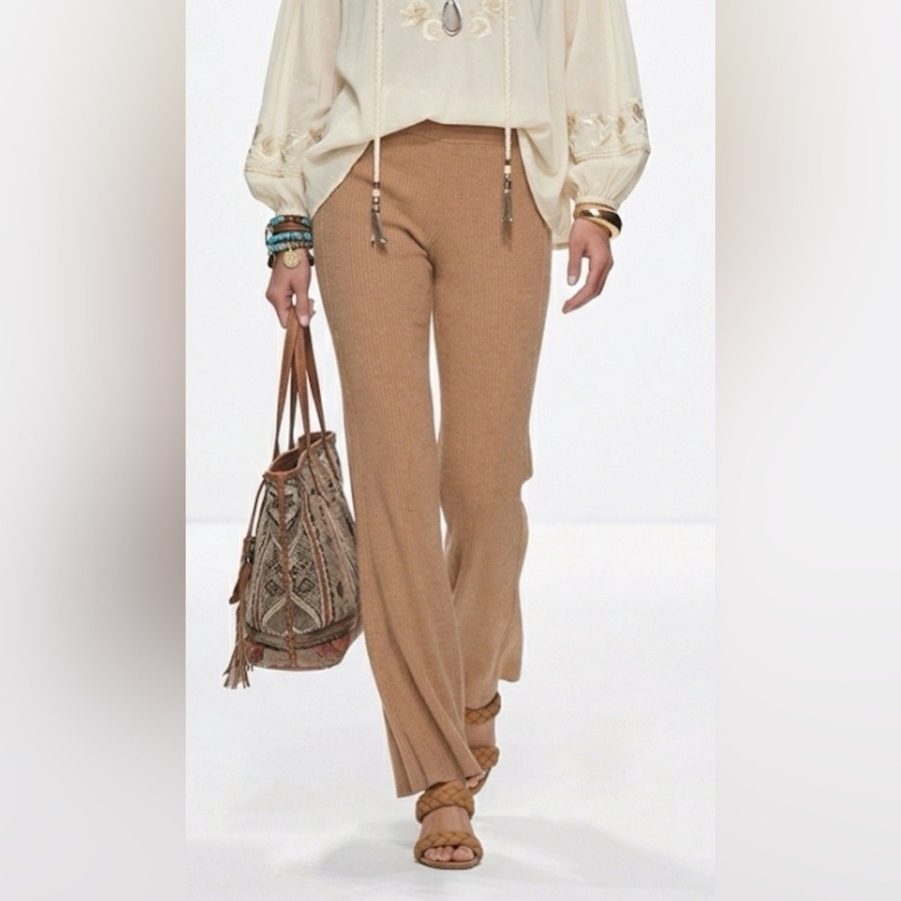 Frame Camel Ribbed Knit Wide Leg Pants Lwsw1151 Tan High Waist Slim Flare Small
